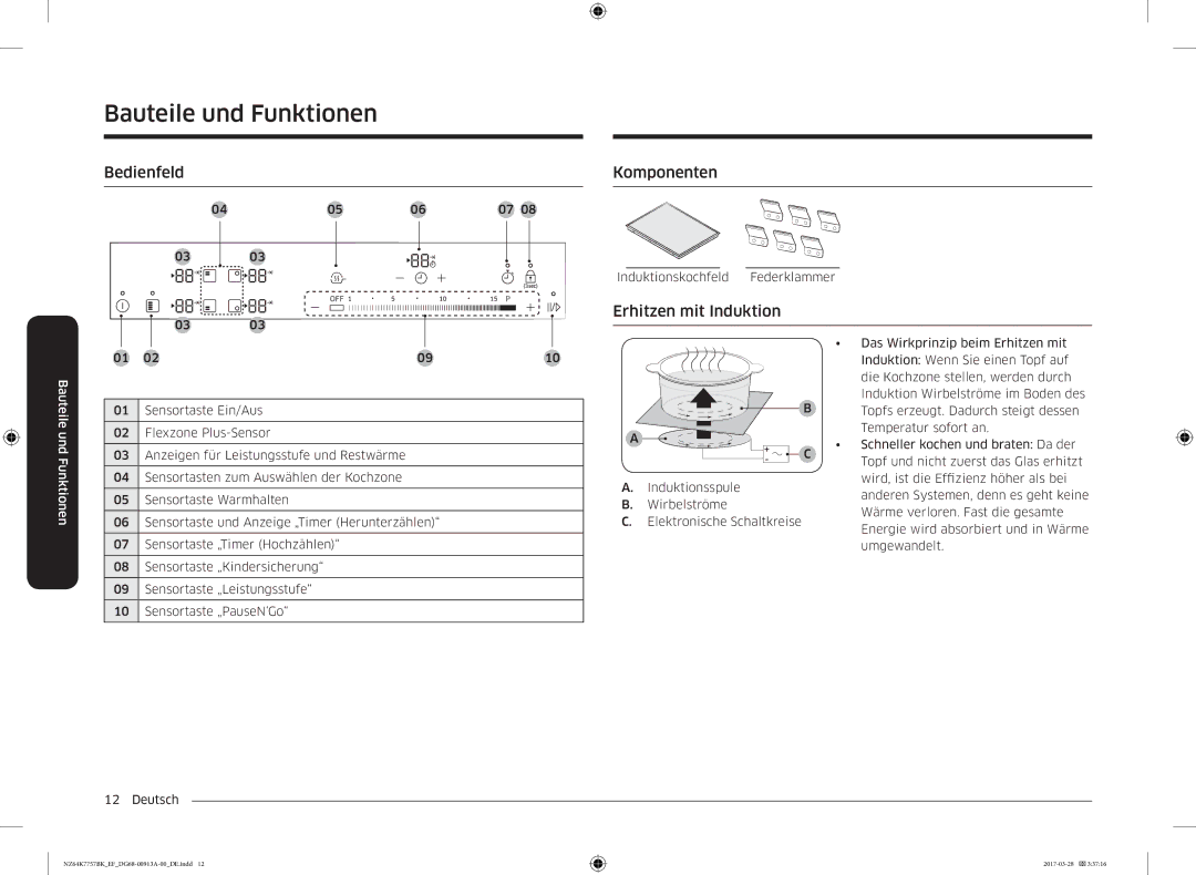 Samsung NZ64K7757BK/EG manual Bedienfeld, Komponenten, Erhitzen mit Induktion 