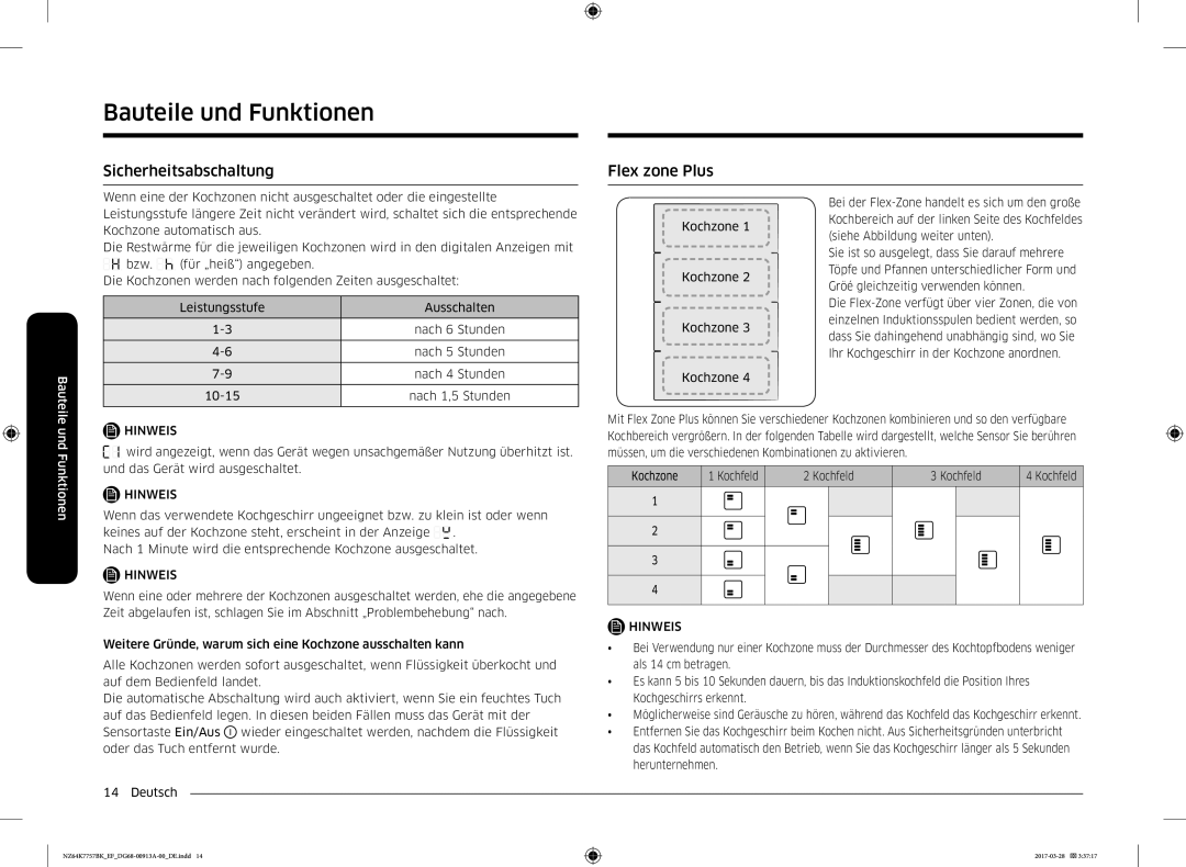 Samsung NZ64K7757BK/EG manual Sicherheitsabschaltung Flex zone Plus 