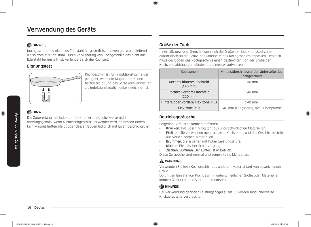 Samsung NZ64K7757BK/EG manual Eignungstest, Größe der Töpfe, Betriebsgeräusche 