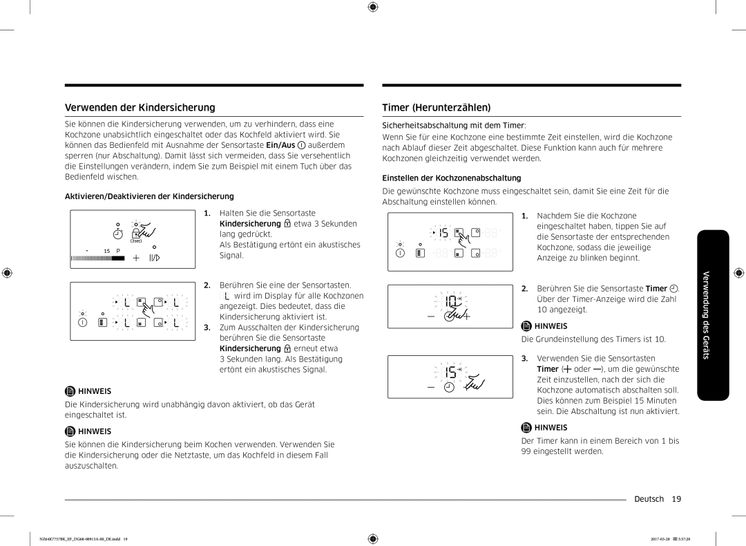 Samsung NZ64K7757BK/EG manual Verwenden der Kindersicherung, Timer Herunterzählen 