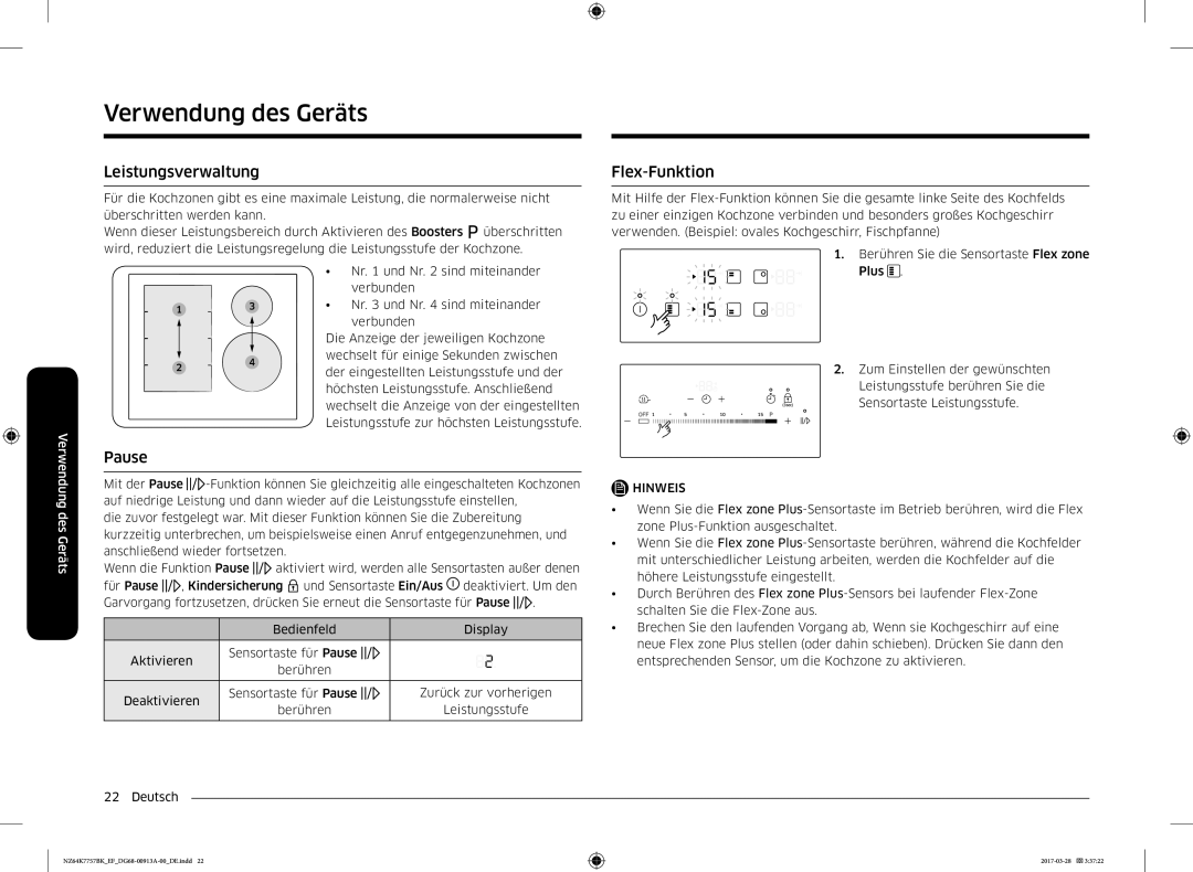 Samsung NZ64K7757BK/EG manual Leistungsverwaltung, Pause, Flex-Funktion 