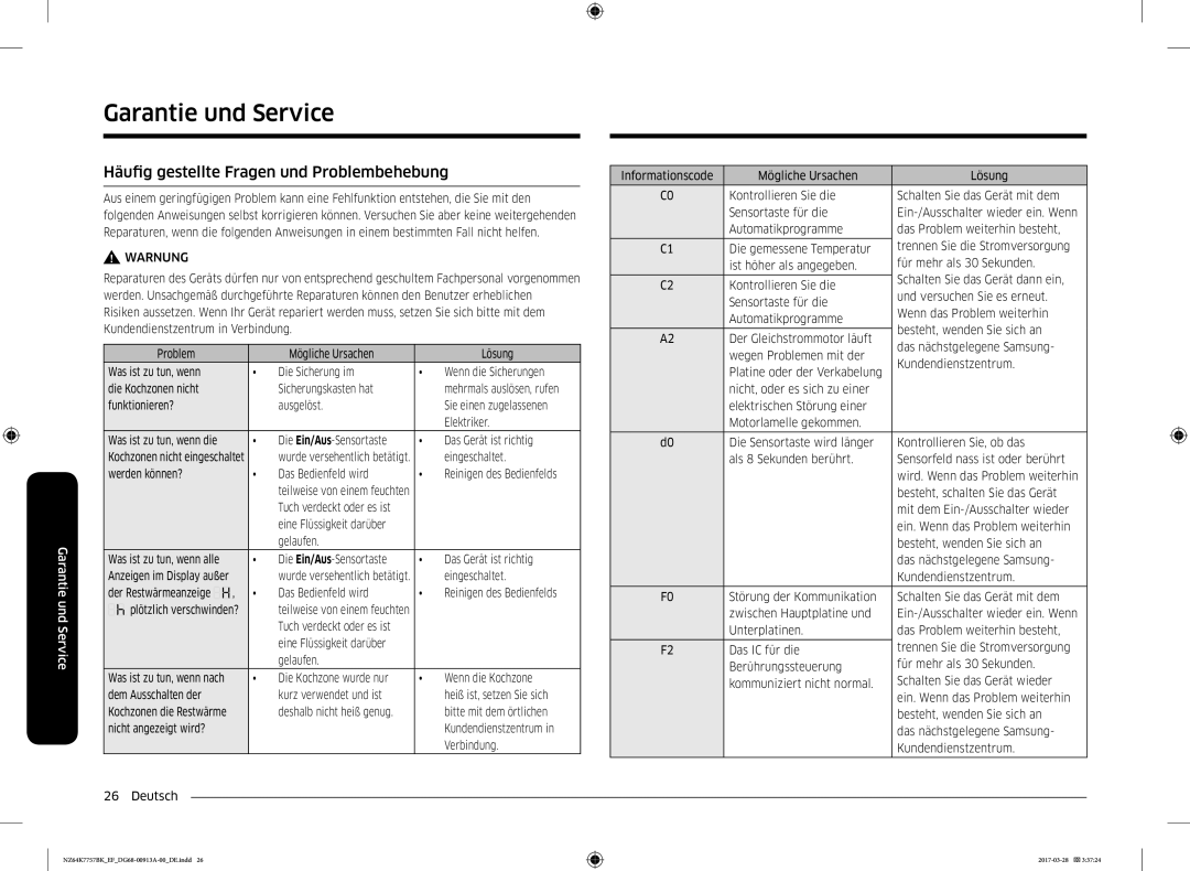 Samsung NZ64K7757BK/EG manual Garantie und Service, Häufig gestellte Fragen und Problembehebung 