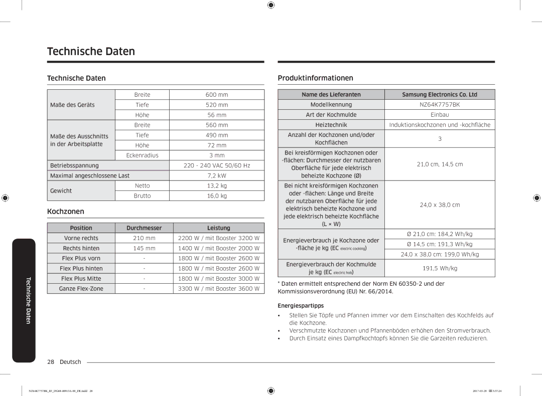 Samsung NZ64K7757BK/EG manual Technische Daten, Produktinformationen 