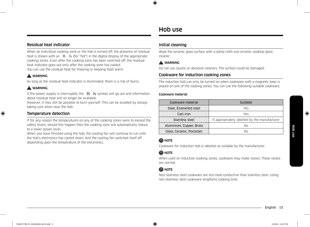 Samsung NZ64K7757BK/ET manual Hob use, Residual heat indicator, Temperature detection, Initial cleaning 