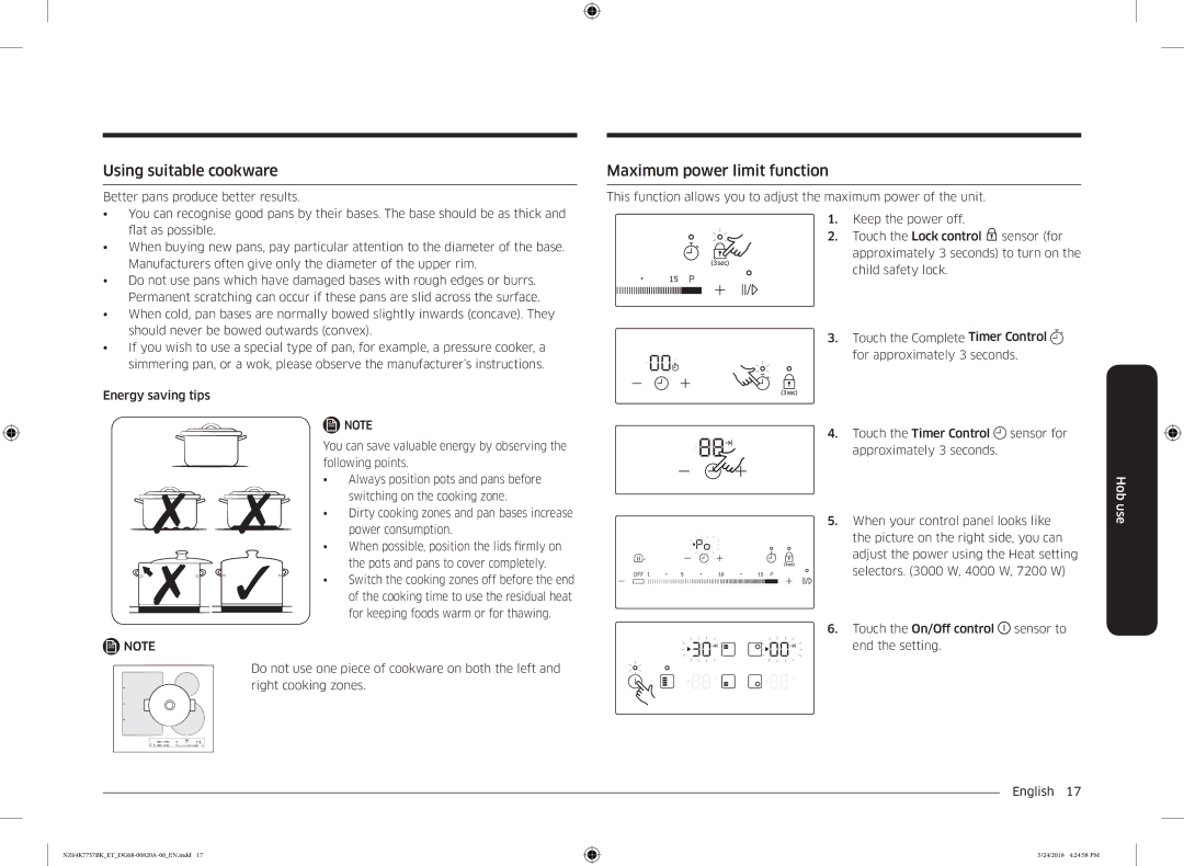 Samsung NZ64K7757BK/ET manual Using suitable cookware, Maximum power limit function 