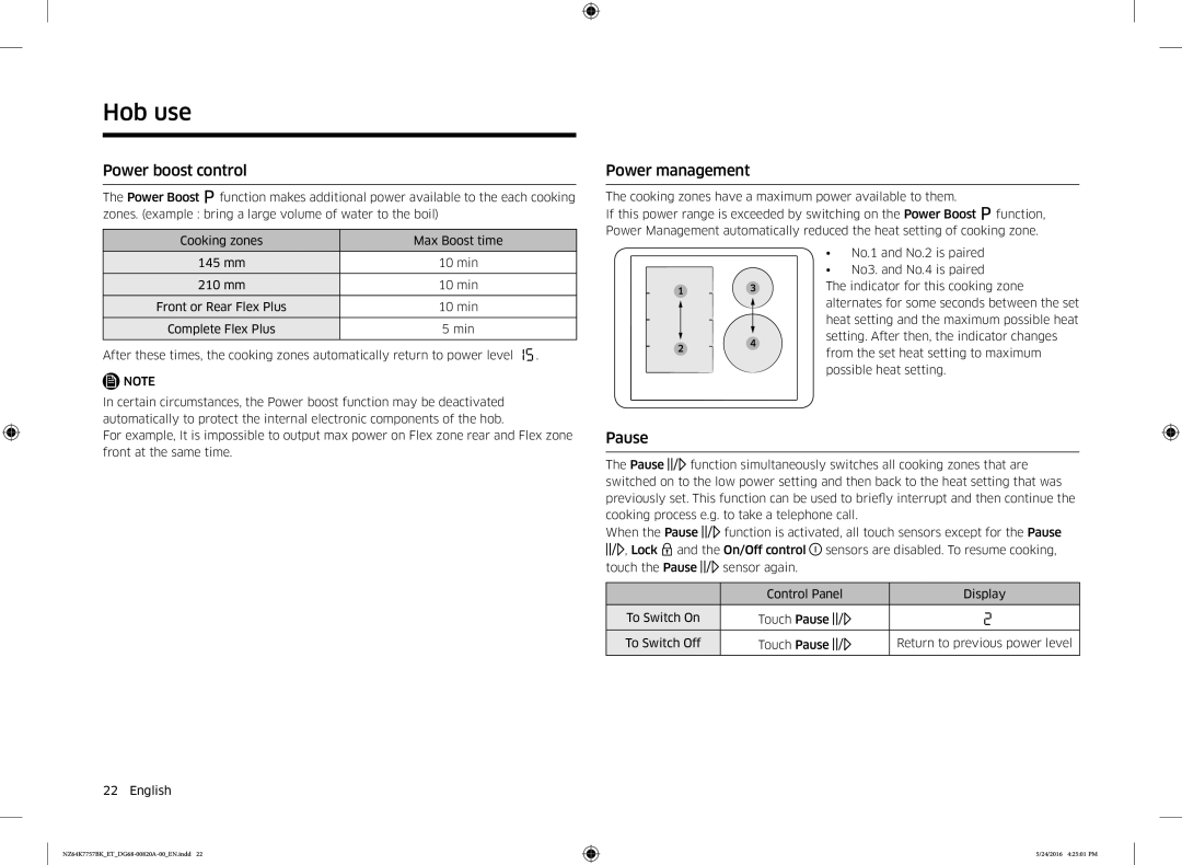 Samsung NZ64K7757BK/ET manual Power boost control, Power management, Pause 