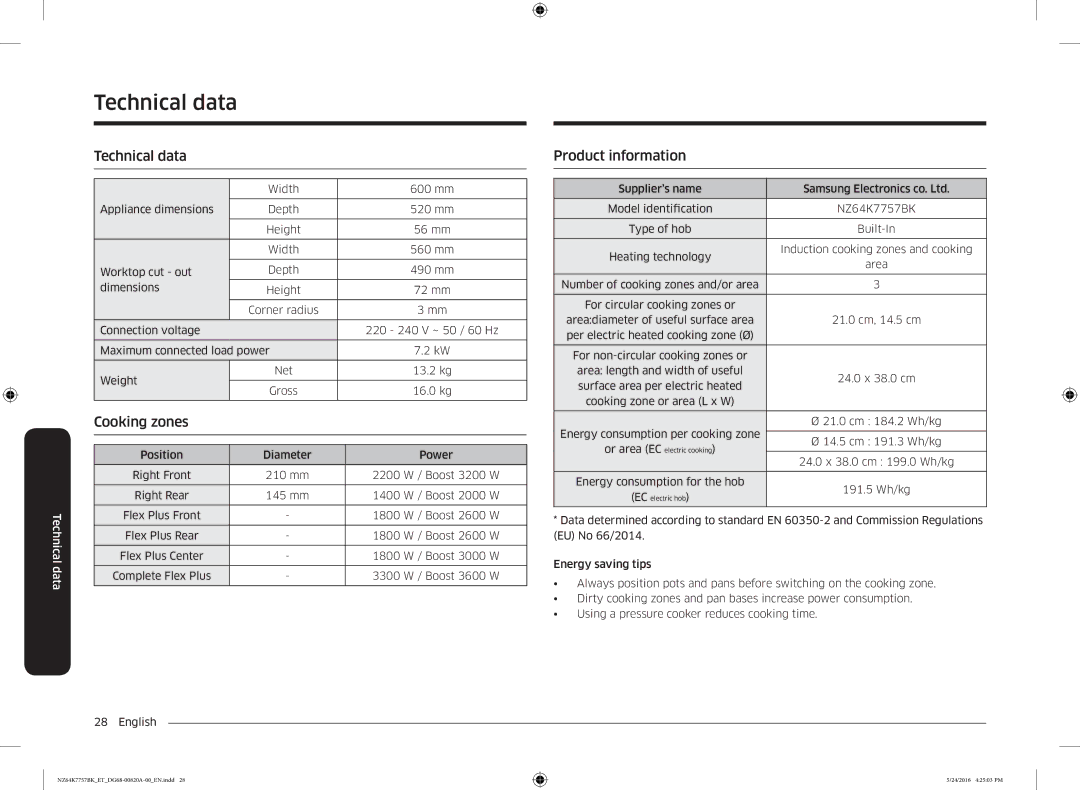 Samsung NZ64K7757BK/ET manual Technical data, Product information 