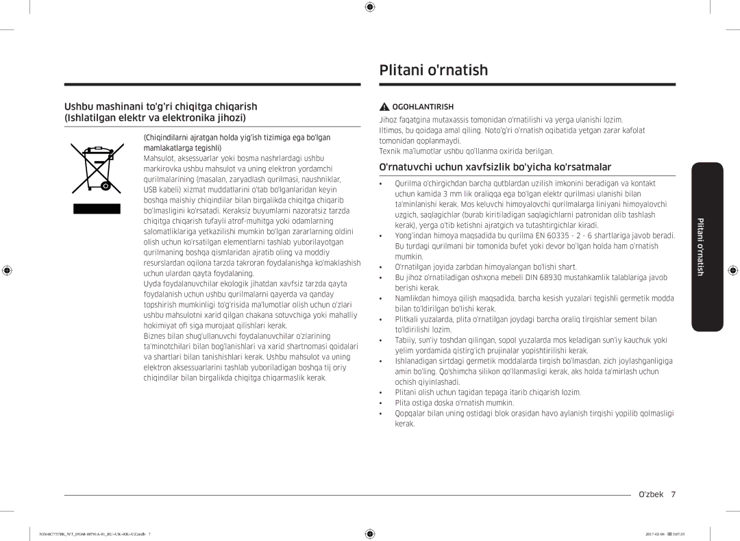Samsung NZ64K7757BK/WT manual Plitani ornatish, Ornatuvchi uchun xavfsizlik boyicha korsatmalar 