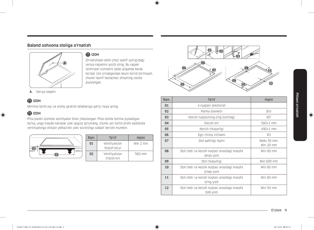 Samsung NZ64K7757BK/WT manual Baland oshxona stoliga ornatish 