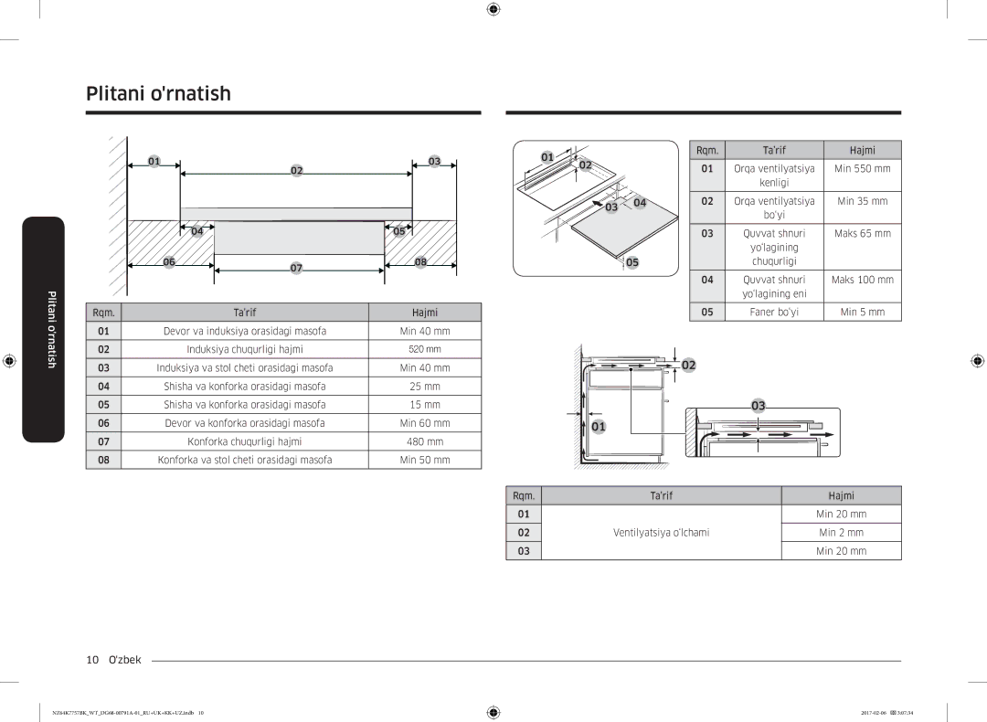 Samsung NZ64K7757BK/WT Ta’rif Hajmi, Min 550 mm, Kenligi, Min 35 mm, Bo‘yi, Maks 65 mm, Yo‘lagining Chuqurligi, Min 40 mm 