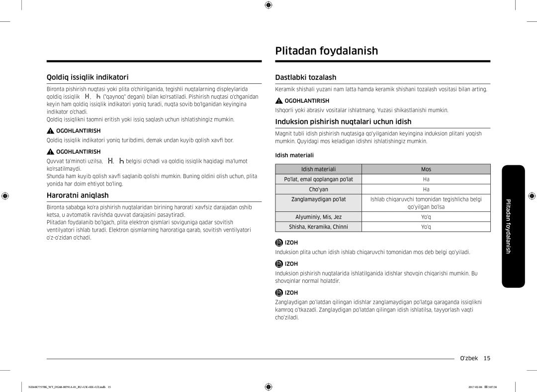 Samsung NZ64K7757BK/WT manual Qoldiq issiqlik indikatori, Haroratni aniqlash, Dastlabki tozalash 