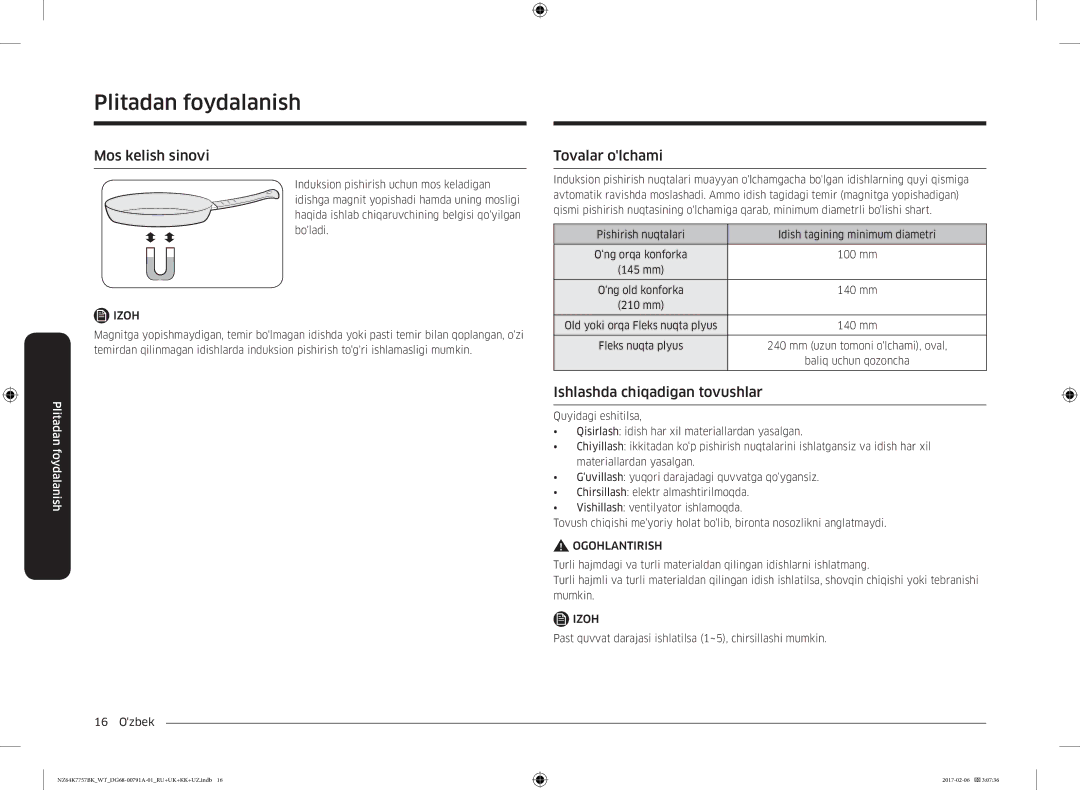 Samsung NZ64K7757BK/WT manual Mos kelish sinovi, Tovalar olchami, Ishlashda chiqadigan tovushlar 