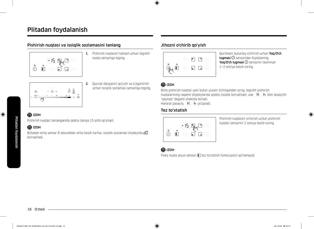 Samsung NZ64K7757BK/WT manual Pishirish nuqtasi va issiqlik sozlamasini tanlang, Jihozni ochirib qoyish, Tez to‘xtatish 