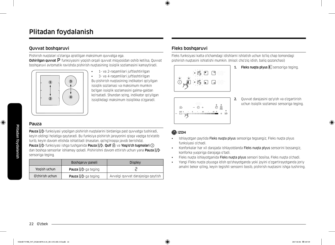 Samsung NZ64K7757BK/WT manual Quvvat boshqaruvi, Pauza, Fleks boshqaruvi, Issiqlikdagi maksimum issiqlikka ozgaradi 