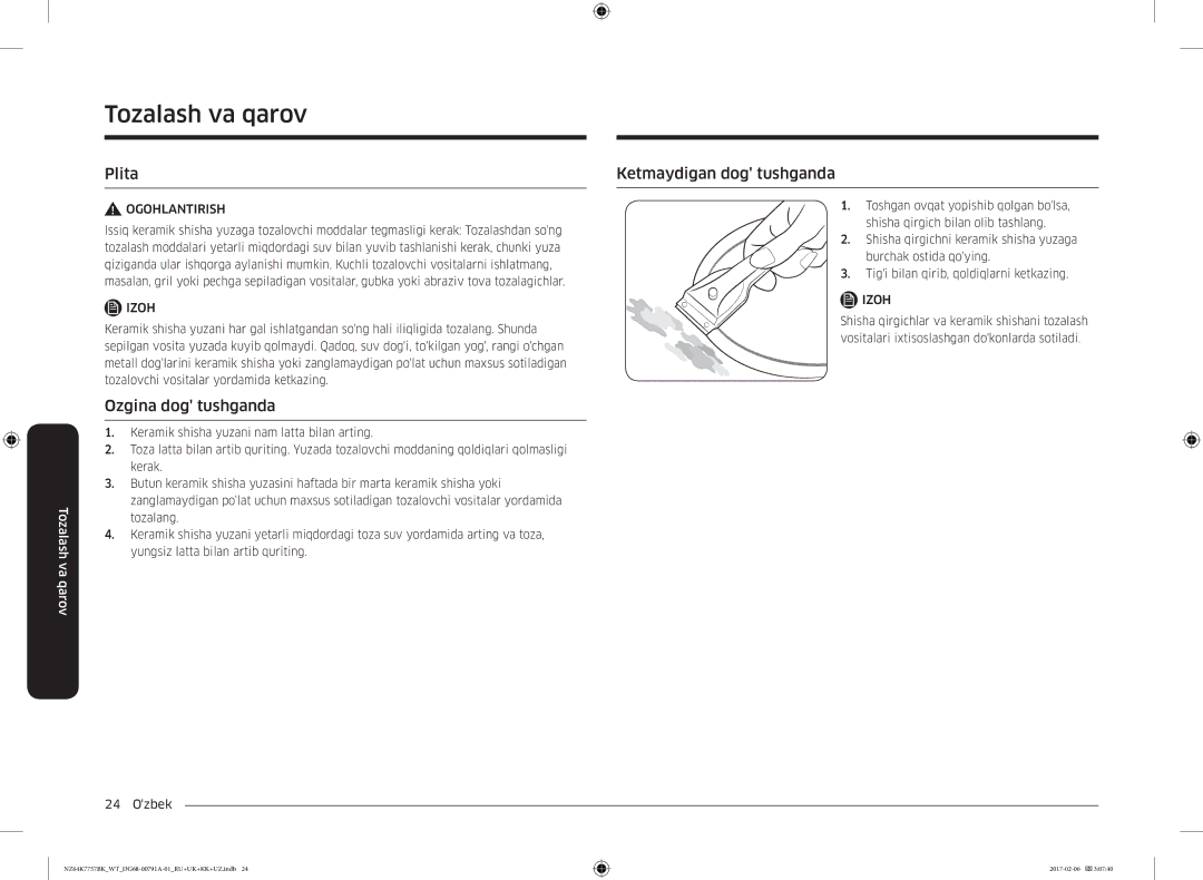 Samsung NZ64K7757BK/WT manual Plita, Ozgina dog tushganda, Ketmaydigan dog tushganda 