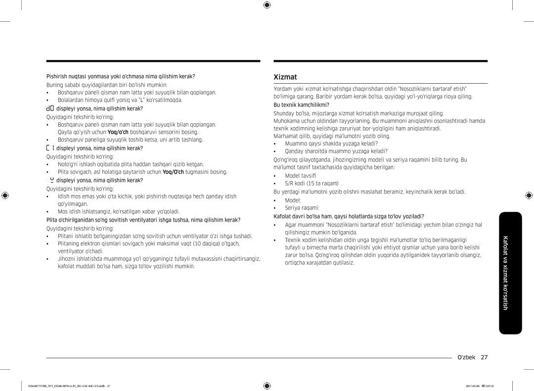 Samsung NZ64K7757BK/WT manual Xizmat 
