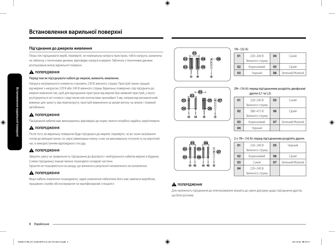 Samsung NZ64K7757BK/WT Під’єднання до джерела живлення, 220-240 В Синій, 2N~ 16 a перед під’єднанням розділіть двофазові 