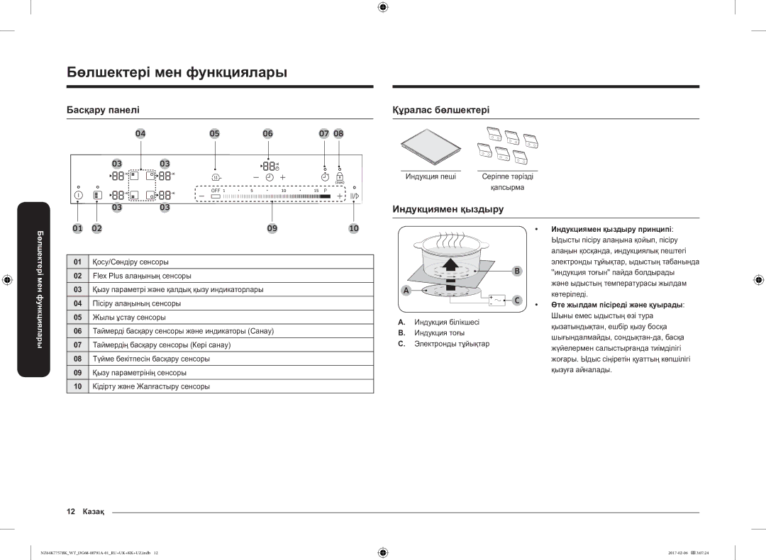 Samsung NZ64K7757BK/WT manual Басқару панелі, Құралас бөлшектері, Индукциямен қыздыру 