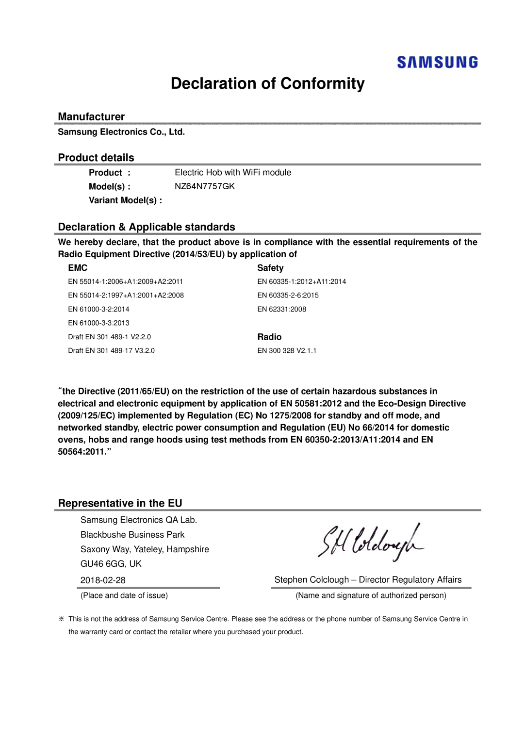 Samsung NZ64N7757GK/E1 manual Declaration of Conformity, Manufacturer Product details, Declaration & Applicable standards 