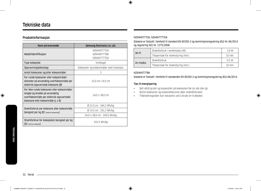 Samsung NZ64N7777GK/E1, NZ64N9777GK/E1 manual Produktinformasjon 