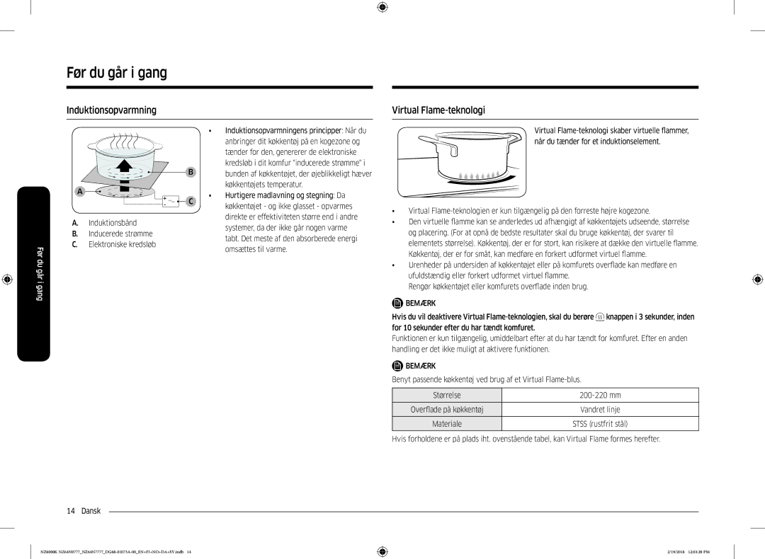 Samsung NZ64N7777GK/E1, NZ64N9777GK/E1 manual Induktionsopvarmning, Virtual Flame-teknologi 