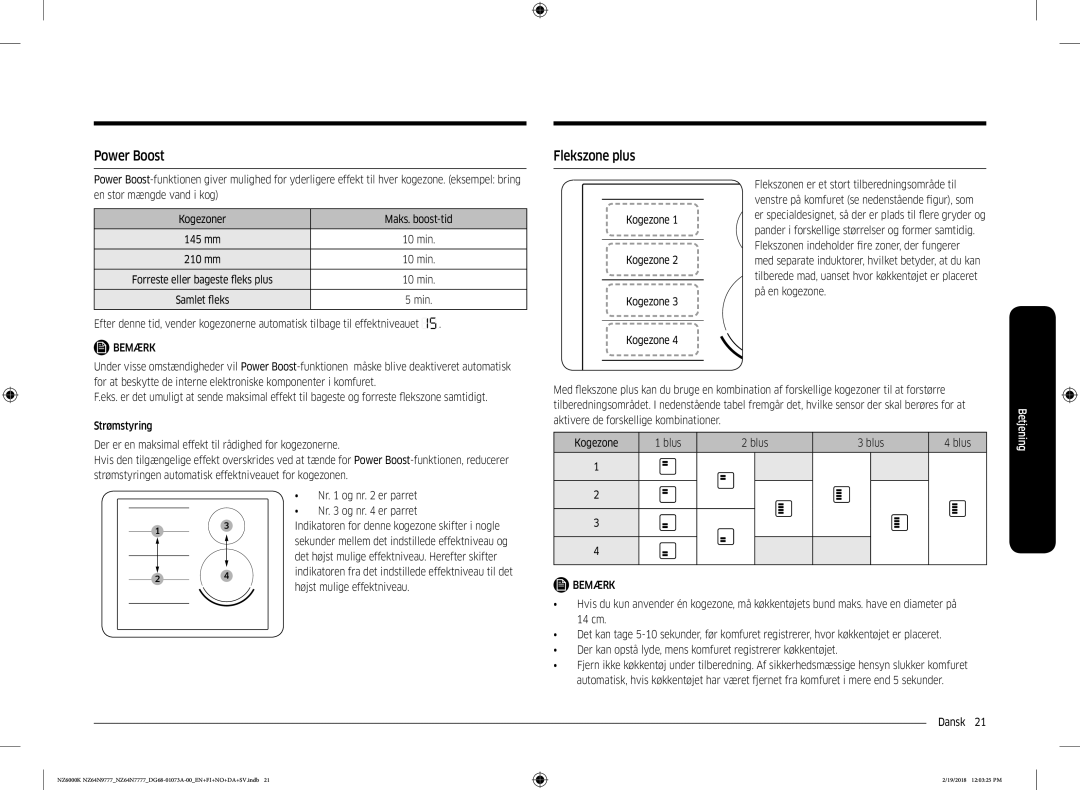 Samsung NZ64N9777GK/E1, NZ64N7777GK/E1 manual Power Boost, Flekszone plus, Højst mulige effektniveau 