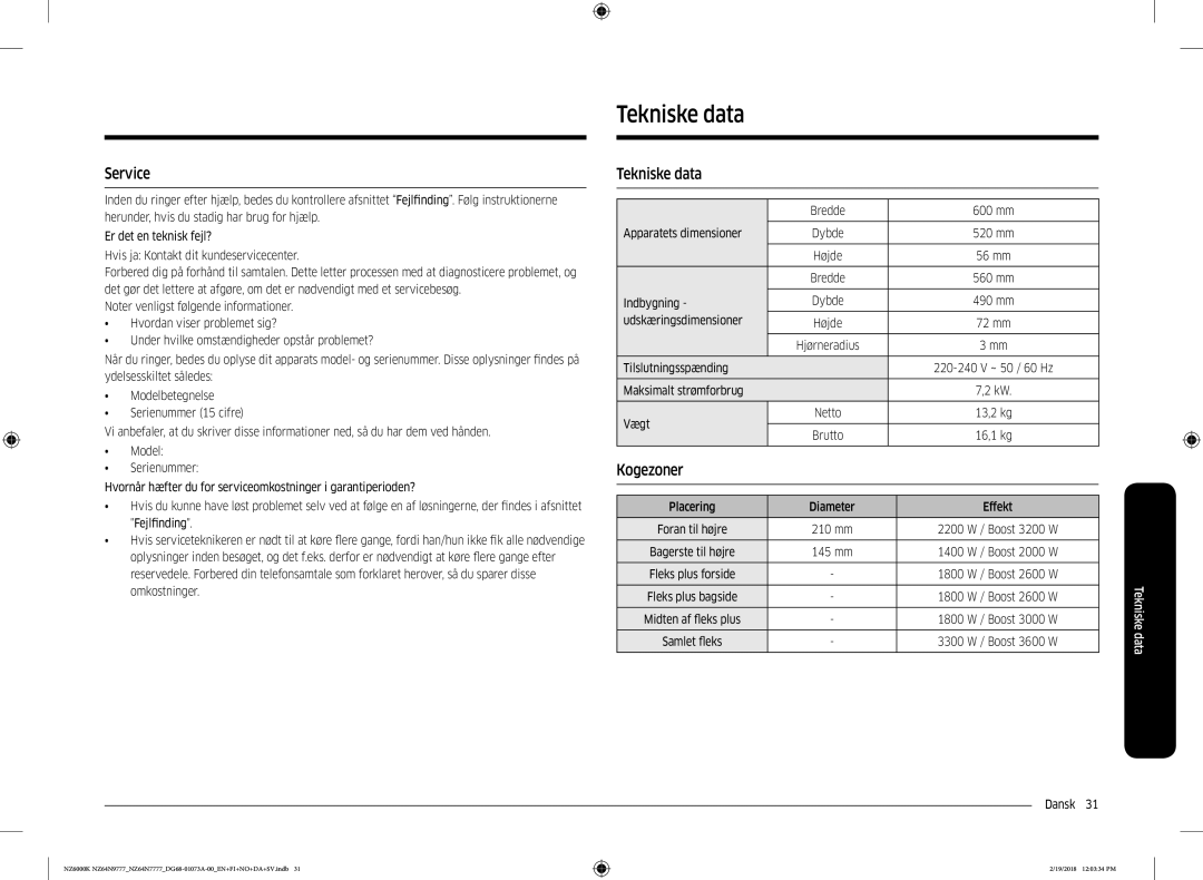 Samsung NZ64N9777GK/E1, NZ64N7777GK/E1 manual Tilslutningsspænding, Maksimalt strømforbrug Vægt, Brutto 