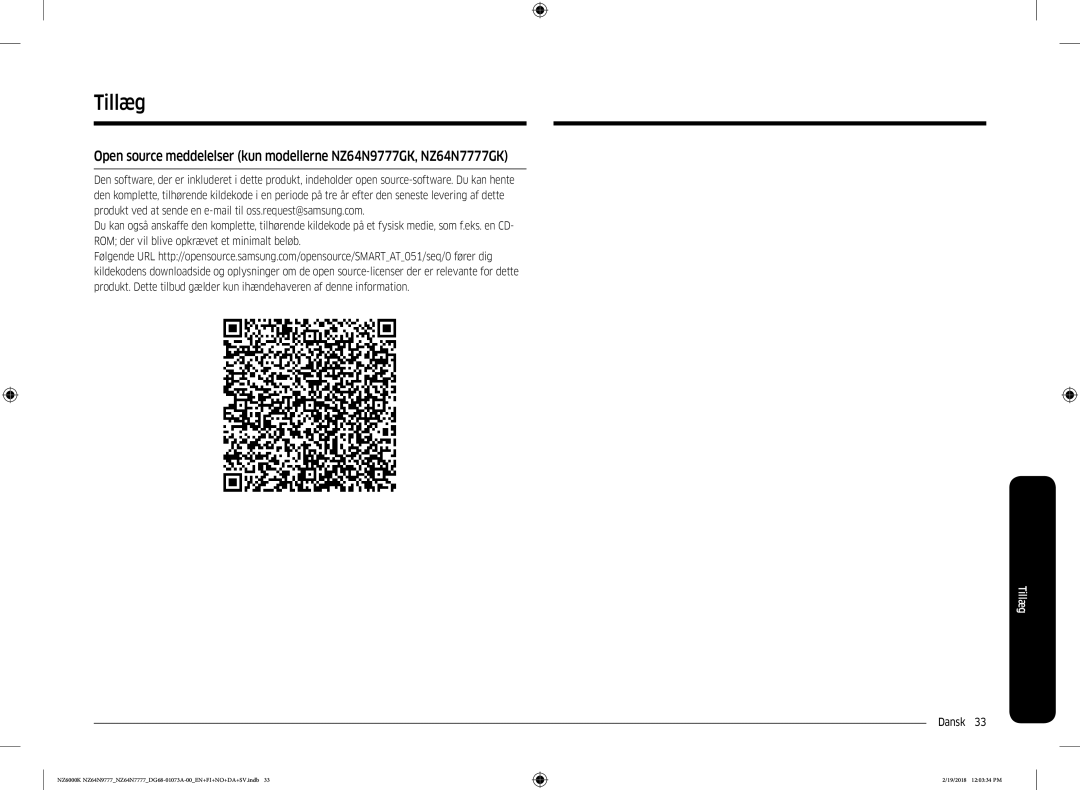 Samsung NZ64N9777GK/E1, NZ64N7777GK/E1 manual Tillæg 