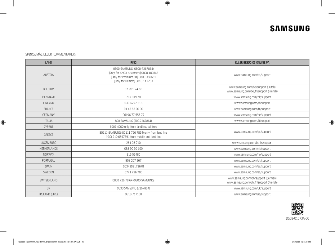 Samsung NZ64N7777GK/E1, NZ64N9777GK/E1 manual Spørgsmål Eller KOMMENTARER? 