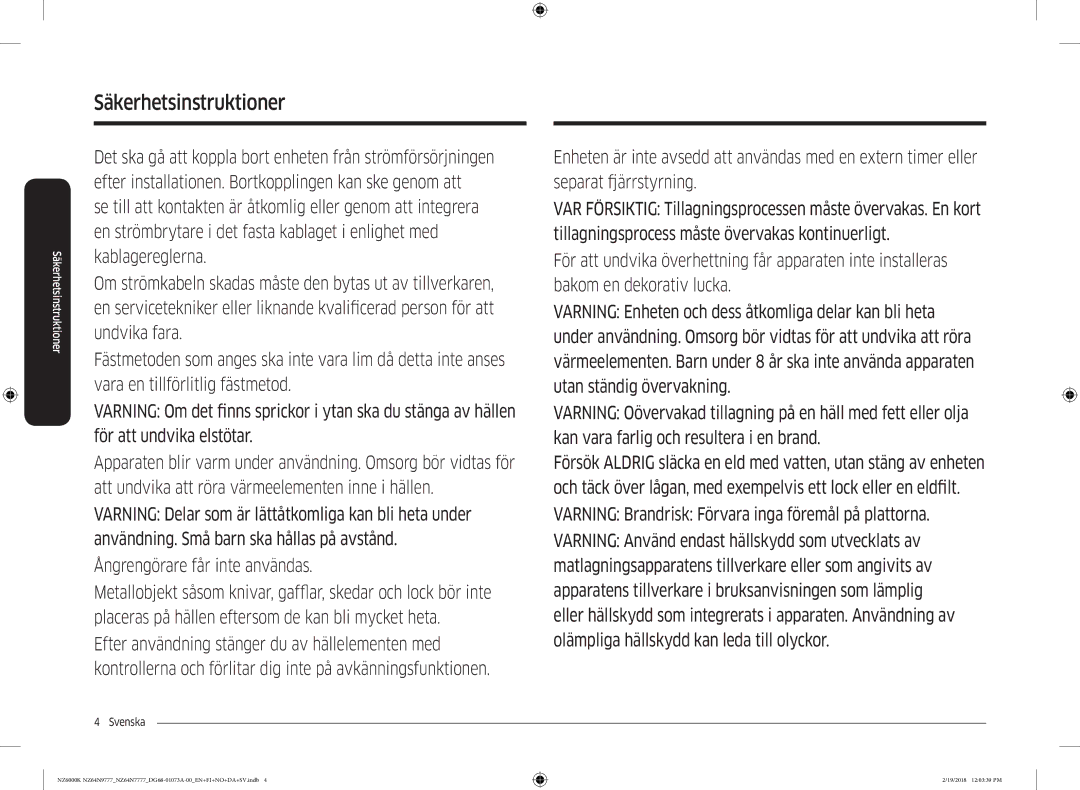 Samsung NZ64N7777GK/E1, NZ64N9777GK/E1 manual Säkerhetsinstruktioner 