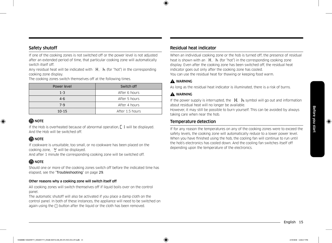 Samsung NZ64N9777GK/E1, NZ64N7777GK/E1 manual Safety shutoff, Residual heat indicator, Temperature detection 