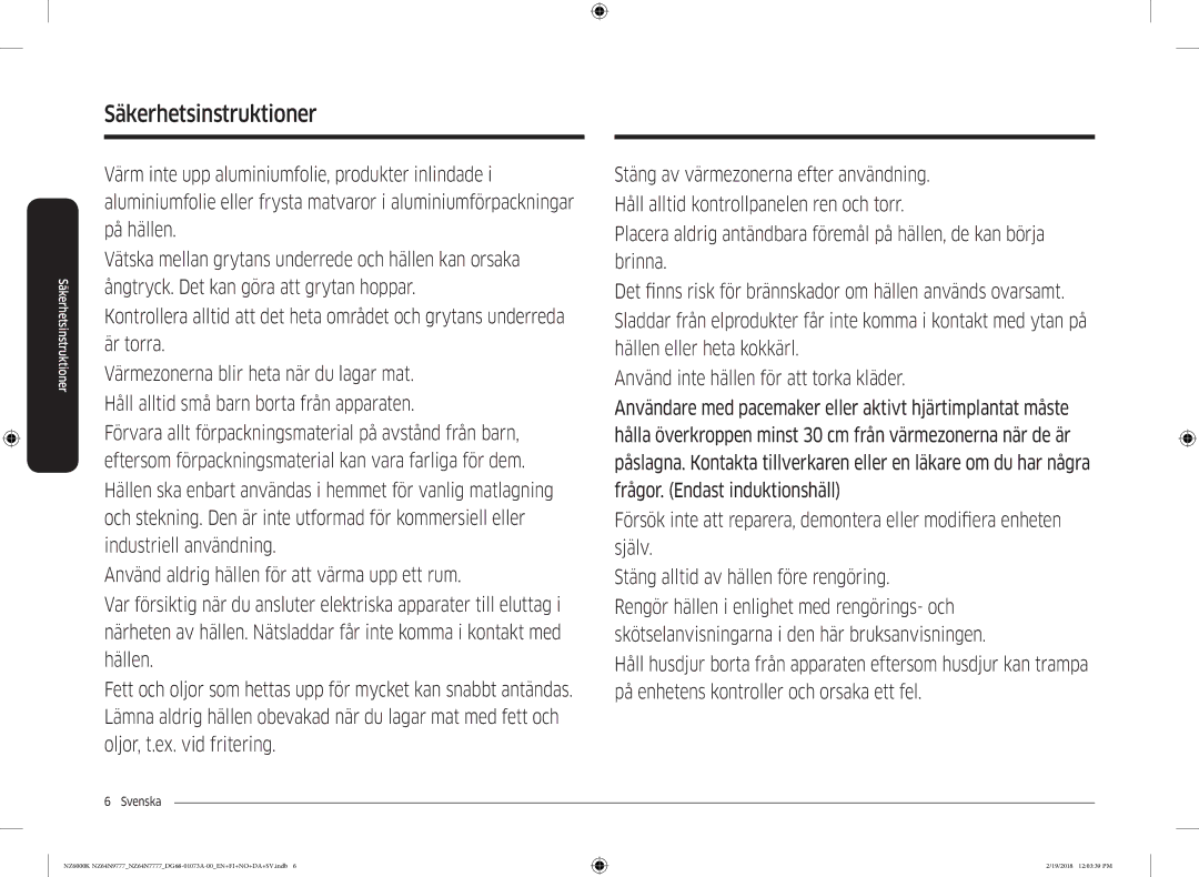 Samsung NZ64N7777GK/E1, NZ64N9777GK/E1 manual Säkerhetsinstruktioner 