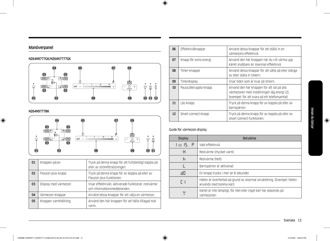 Samsung NZ64N9777GK/E1, NZ64N7777GK/E1 Manöverpanel, Och informationsmeddelanden Värmezon-knappar, Knappen varmhållning 