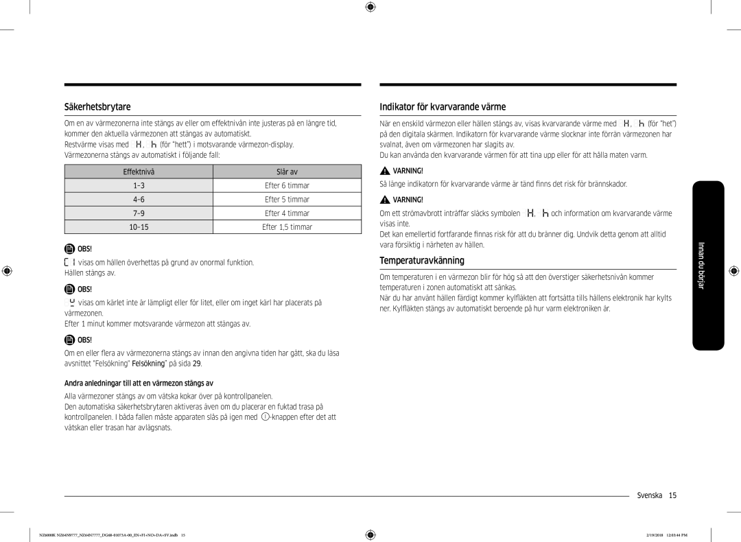 Samsung NZ64N9777GK/E1 manual Säkerhetsbrytare, Indikator för kvarvarande värme, Temperaturavkänning, Effektnivå Slår av 