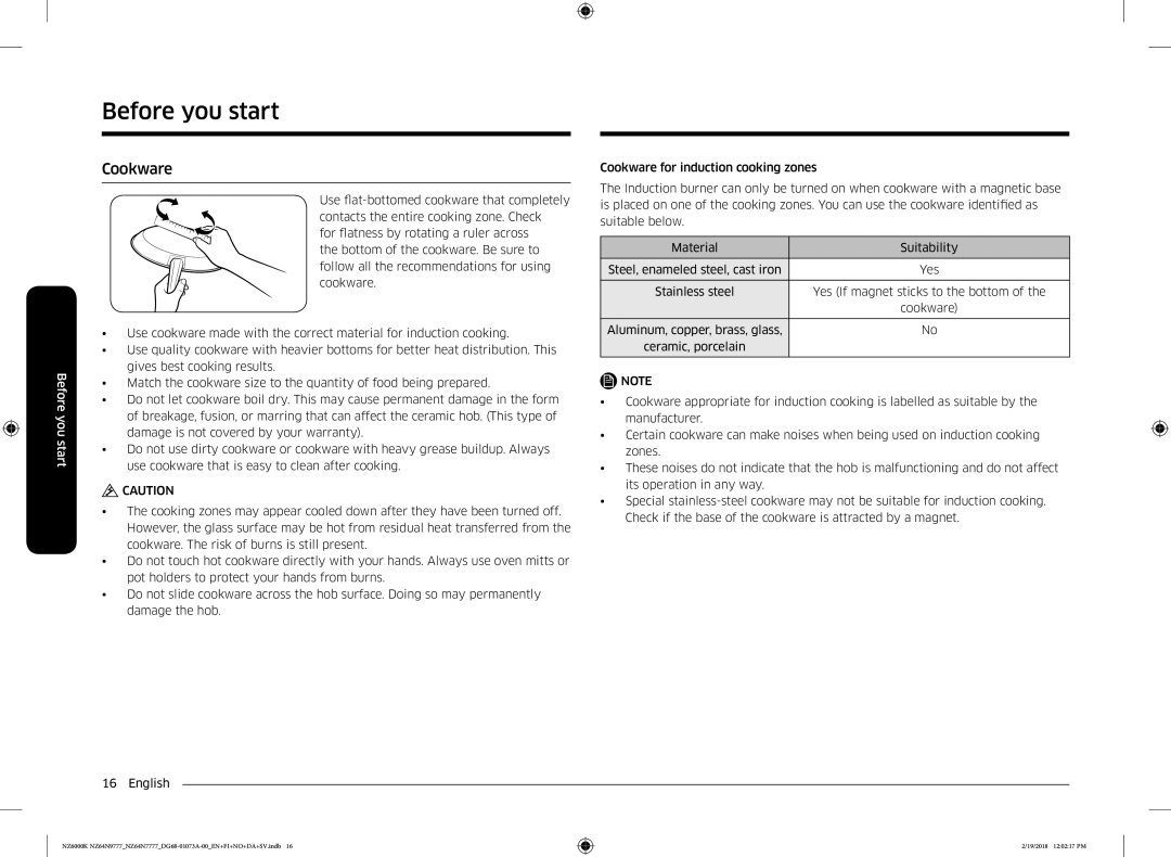 Samsung NZ64N7777GK/E1, NZ64N9777GK/E1 manual Cookware, Stainless steel Yes If magnet sticks to the bottom 
