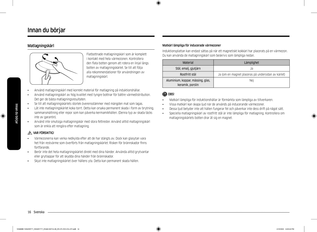 Samsung NZ64N7777GK/E1, NZ64N9777GK/E1 manual Matlagningskärl, Nej 