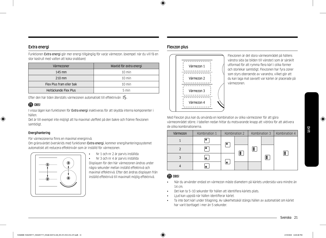 Samsung NZ64N9777GK/E1, NZ64N7777GK/E1 manual Extra energi, Flexzon plus, Några sekunder mellan inställd effektnivå och 