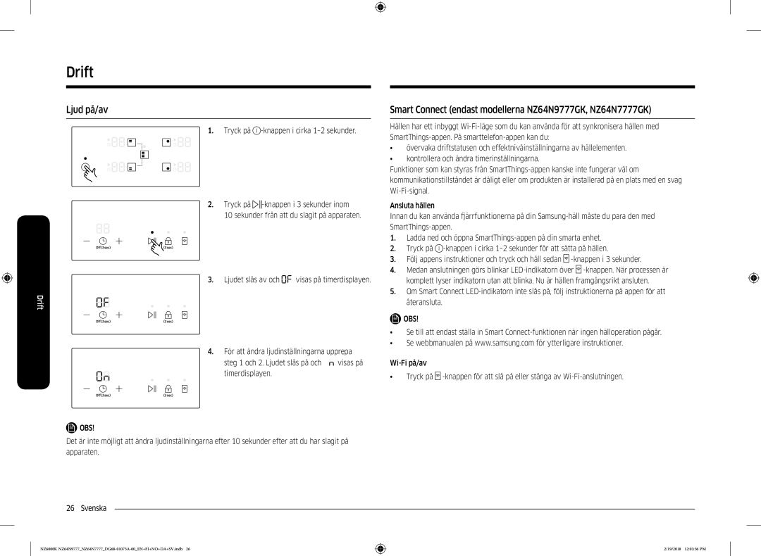 Samsung NZ64N7777GK/E1, NZ64N9777GK/E1 manual Ljud på/av, Smart Connect endast modellerna NZ64N9777GK, NZ64N7777GK 