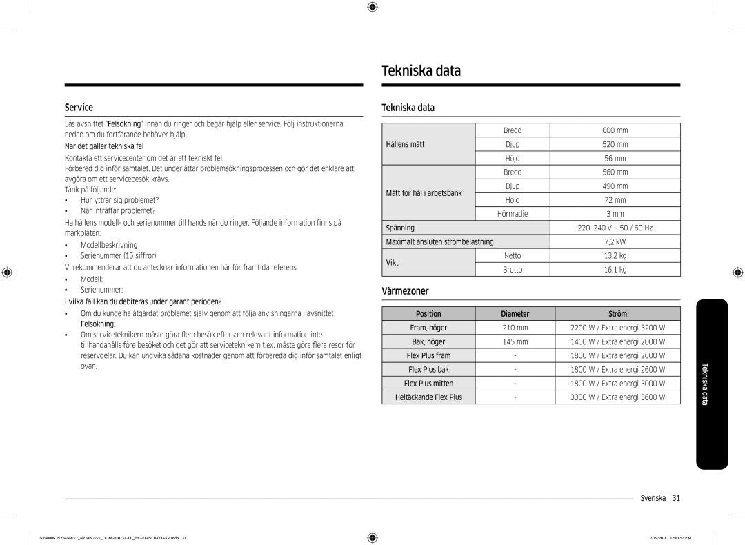 Samsung NZ64N9777GK/E1, NZ64N7777GK/E1 Tekniska data, Bredd 600 mm Hällens mått, Mått för hål i arbetsbänk, Spänning, Vikt 