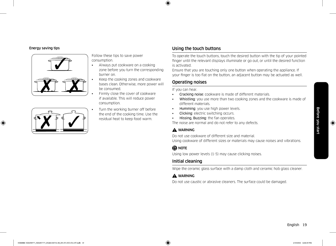 Samsung NZ64N9777GK/E1, NZ64N7777GK/E1 manual Using the touch buttons, Operating noises, Initial cleaning 