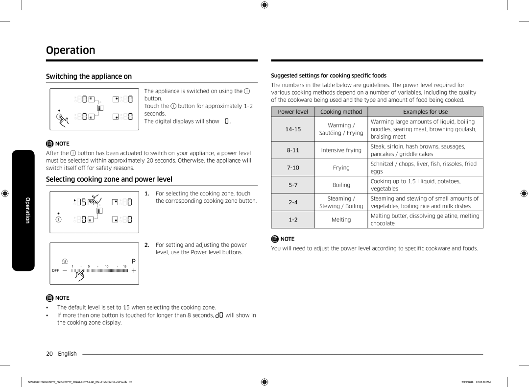 Samsung NZ64N7777GK/E1, NZ64N9777GK/E1 manual Operation, Switching the appliance on, Selecting cooking zone and power level 