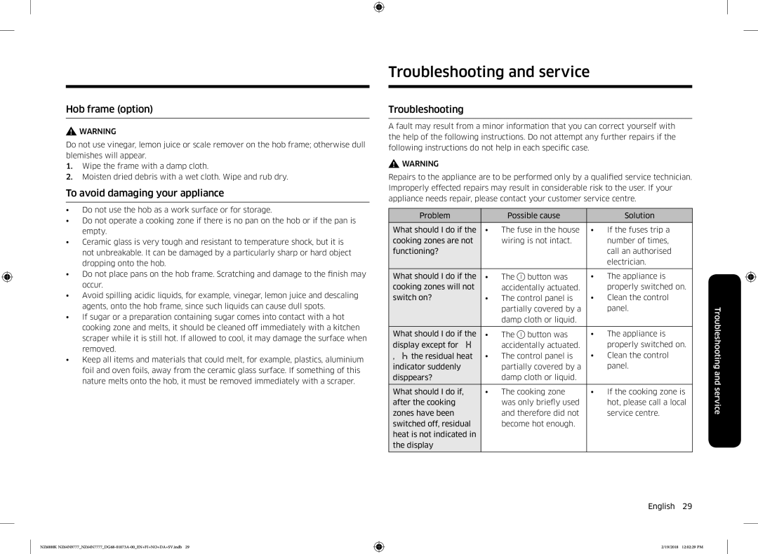 Samsung NZ64N9777GK/E1, NZ64N7777GK/E1 Troubleshooting and service, Hob frame option, To avoid damaging your appliance 