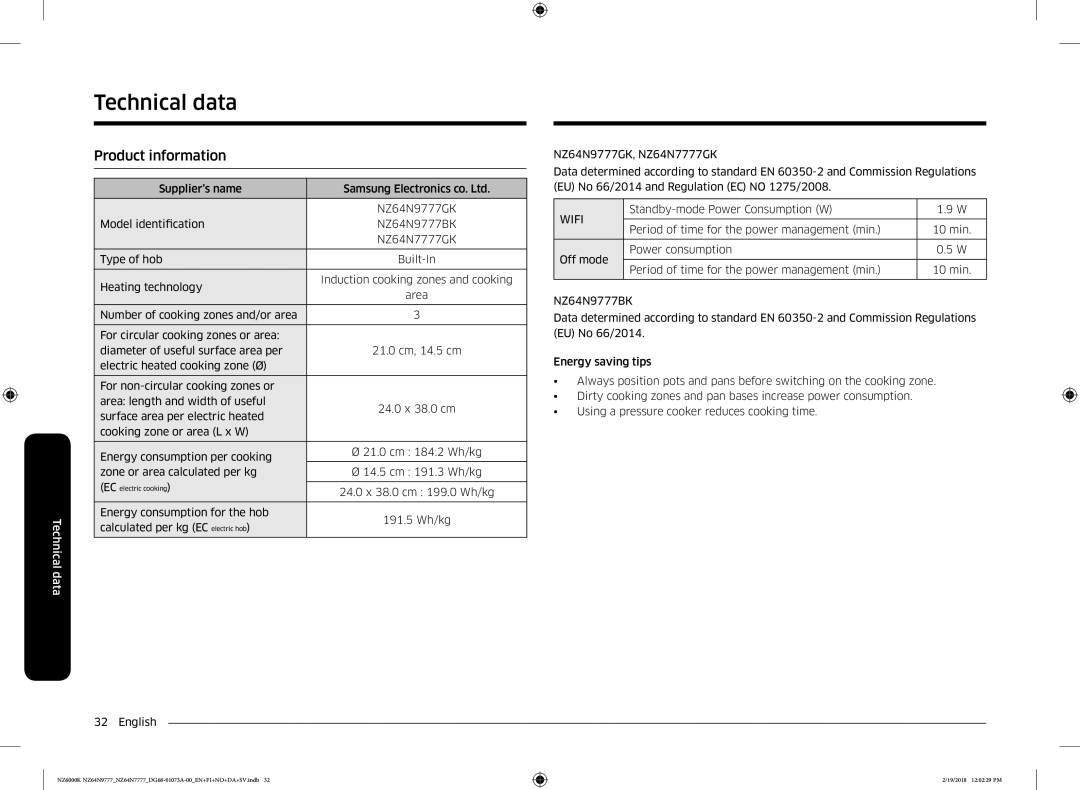 Samsung NZ64N7777GK/E1, NZ64N9777GK/E1 manual Product information, 24.0 x 38.0 cm 199.0 Wh/kg 