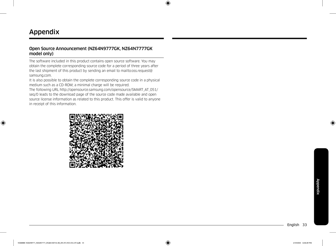 Samsung NZ64N9777GK/E1, NZ64N7777GK/E1 manual Appendix, Open Source Announcement NZ64N9777GK, NZ64N7777GK model only 