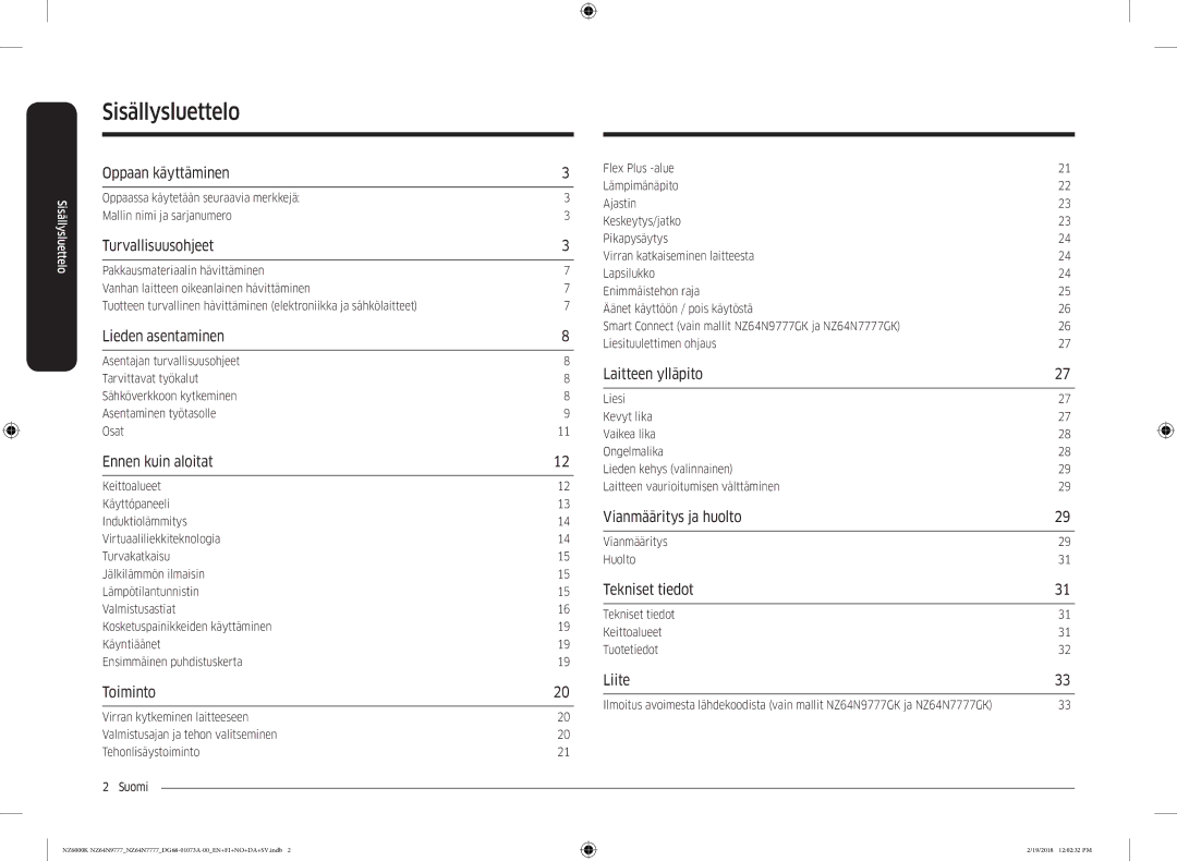 Samsung NZ64N7777GK/E1, NZ64N9777GK/E1 manual Sisällysluettelo 