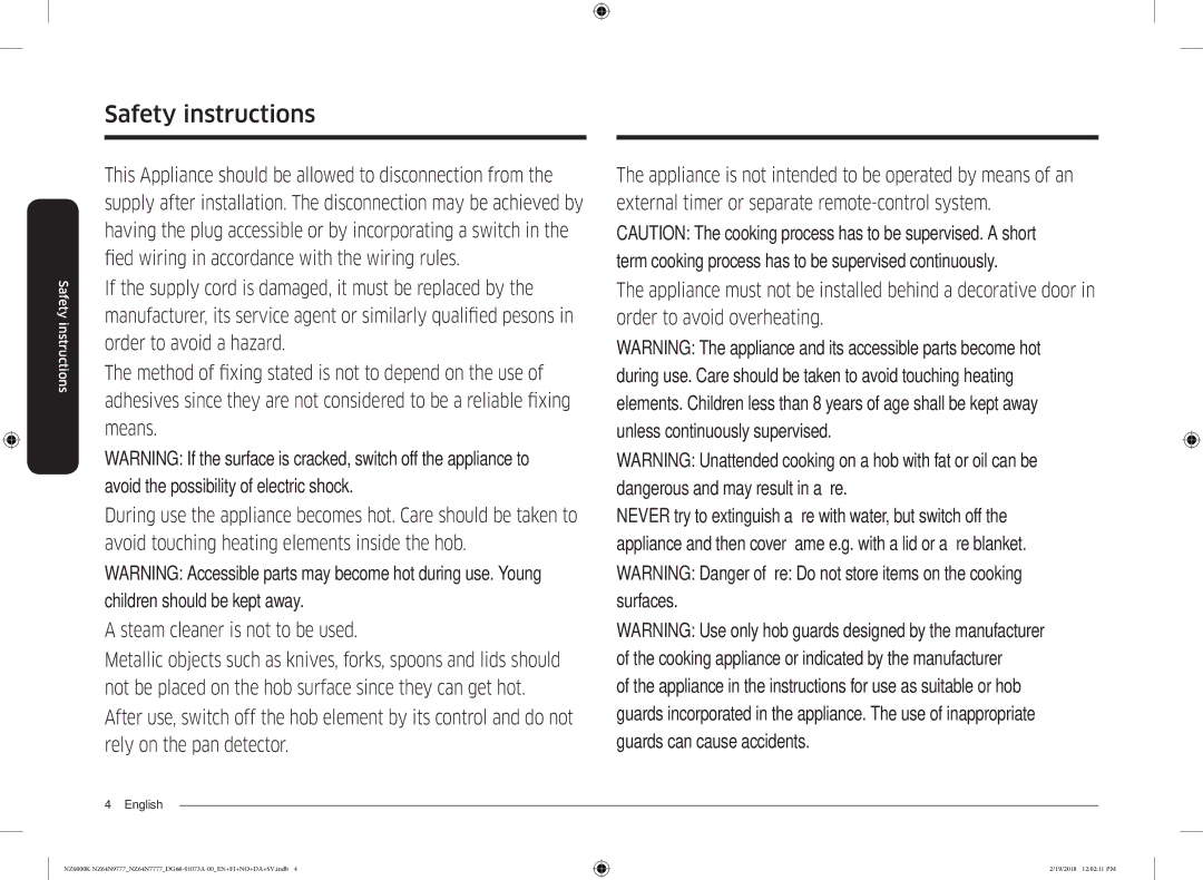 Samsung NZ64N7777GK/E1, NZ64N9777GK/E1 manual Safety instructions 