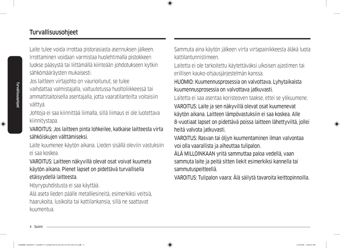 Samsung NZ64N7777GK/E1, NZ64N9777GK/E1 manual Turvallisuusohjeet 