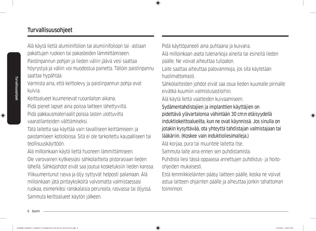 Samsung NZ64N7777GK/E1, NZ64N9777GK/E1 manual Turvallisuusohjeet 