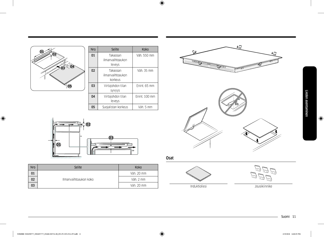 Samsung NZ64N9777GK/E1, NZ64N7777GK/E1 manual Osat, Induktioliesi Jousikiinnike Suomi  