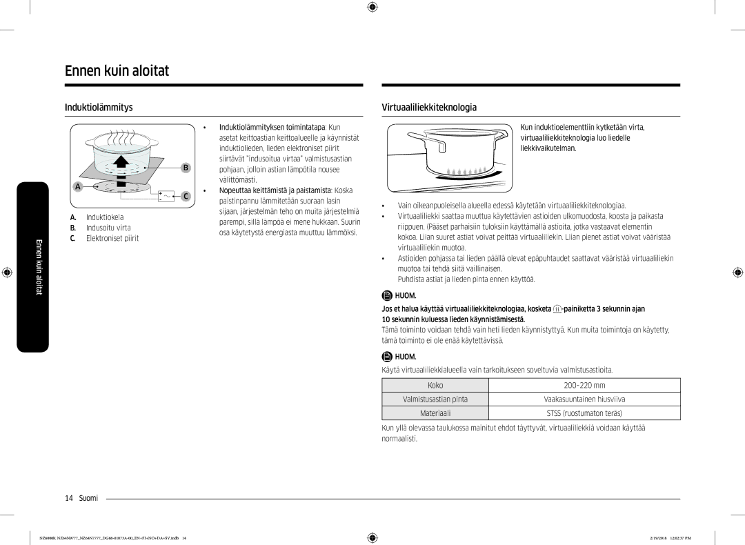 Samsung NZ64N7777GK/E1 manual Induktiolämmitys Virtuaaliliekkiteknologia, Induktiolieden, lieden elektroniset piirit 